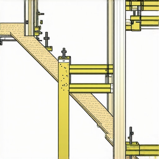 Illustration of a deck with wide stairs supported by a double-rim joist system, showing fastener points and support beams.
