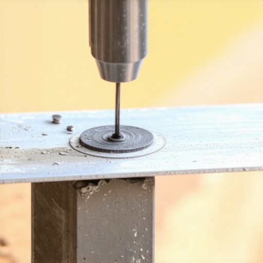 Drilling drainage hole in deck post Person drilling a drainage hole in a metal deck post with a power drill