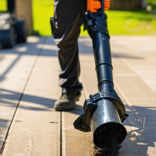 Person cleaning a composite deck with a leaf blower and brush