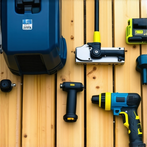 Essential Tools for Deck Maintenance A collection of tools including pressure washer, saw, fastener gun, and laser level for outdoor structure upkeep.