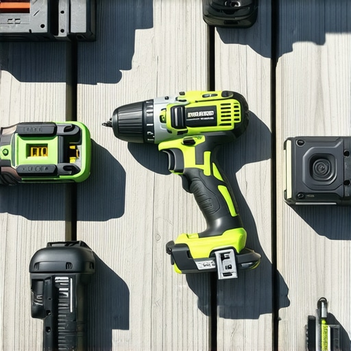 A collection of tools used for maintaining wooden and composite decks and pergolas, displayed outdoors.