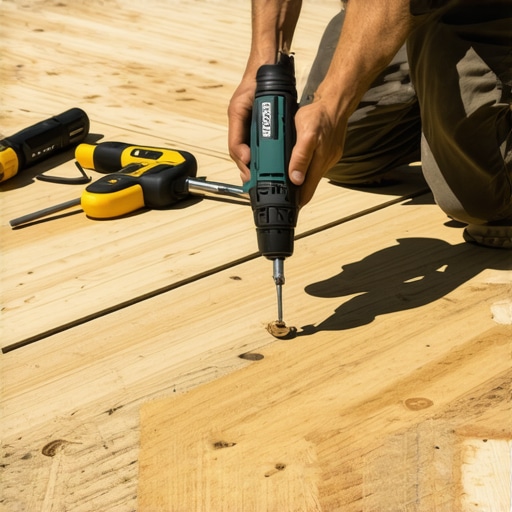 Person using cordless drill on composite decking with organized tools nearby.