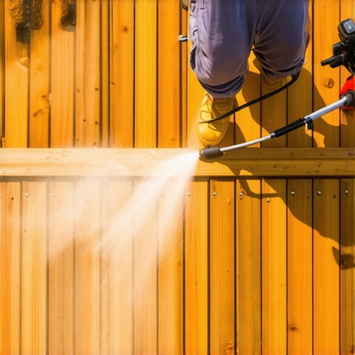 Gentle Deck Cleaning with Power Washer Person cleaning a wooden deck with a low-pressure power washer to prevent surface damage.