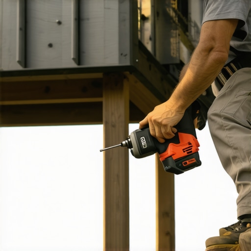 Person inspecting and maintaining outdoor deck with impact wrench and laser level