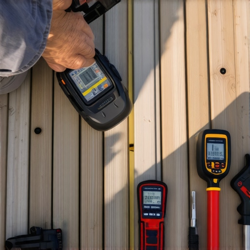 Person inspecting a composite deck with a moisture meter and infrared camera to detect hidden moisture damage.