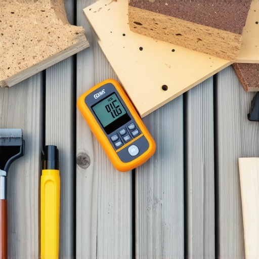 Person measuring moisture content in deck wood with digital device