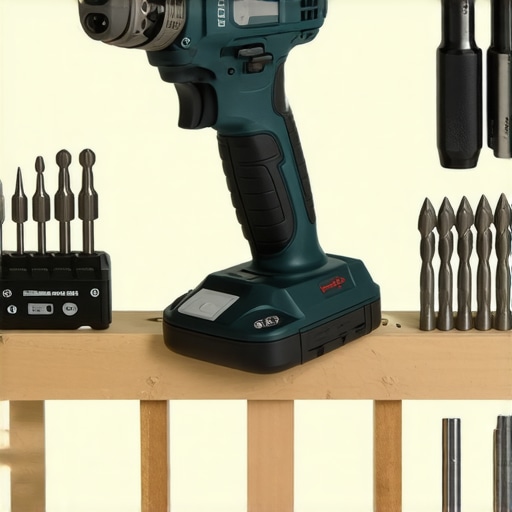 A cordless impact driver with attached drill bits in a workshop, ready for maintenance tasks