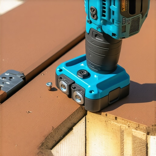 A cordless impact driver securing deck screws on a modern composite deck with a technician's hand visible.