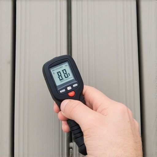 Person measuring deck surface temperature with an infrared thermometer for maintenance.