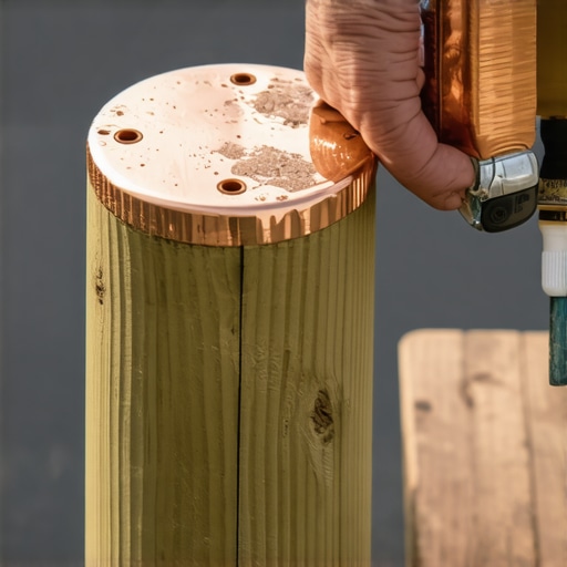 Hand applying sealant and securing copper caps on wooden deck posts
