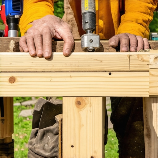 Hands drilling support beams onto a deck railing