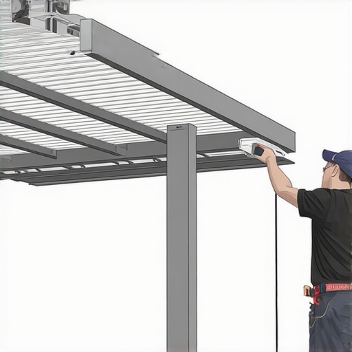 Person installing motorized louvered pergola roof with detailed focus on wiring and frame assembly