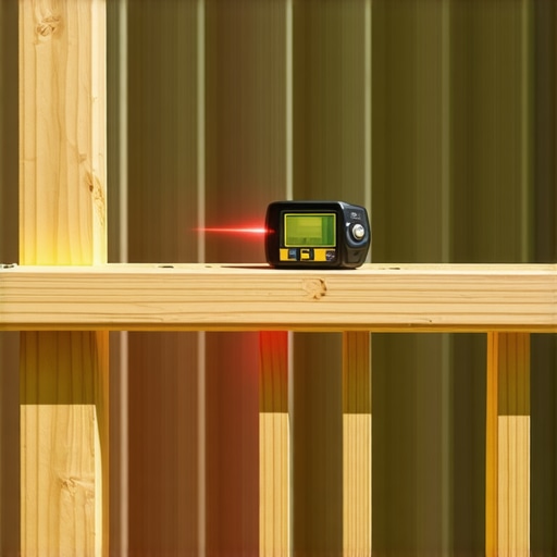 Laser level for precise deck and railing maintenance Person using a laser level tool to check railing alignment on a deck