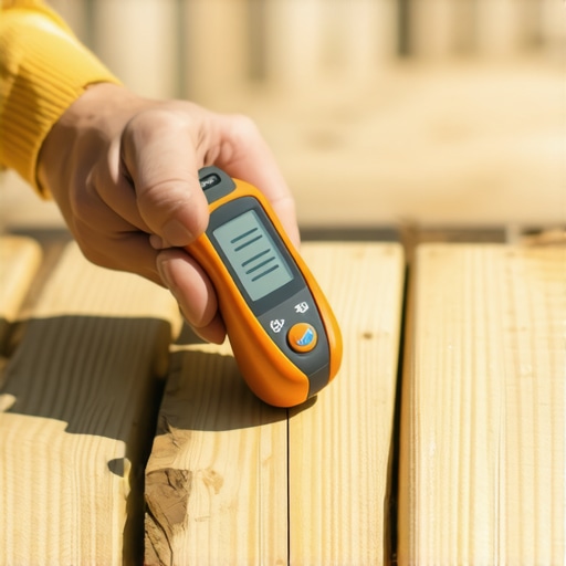Maintaining Outdoor Structures with Precision Tools Close-up of a moisture meter being used on a wooden deck post during daytime.