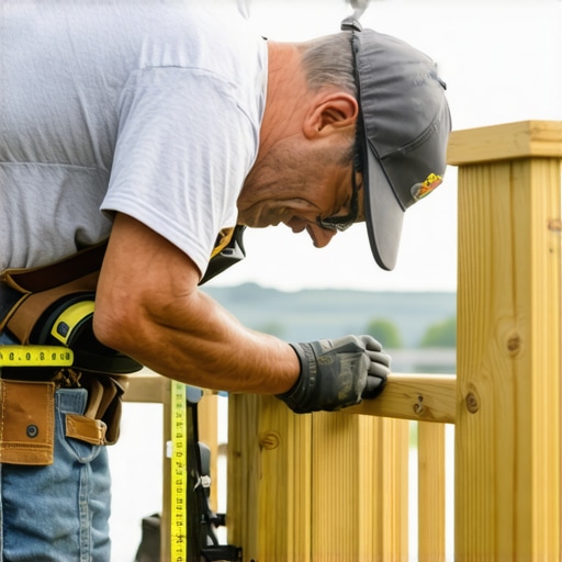 A person measuring wooden deck posts with a tape measure and a level to ensure proper railing height