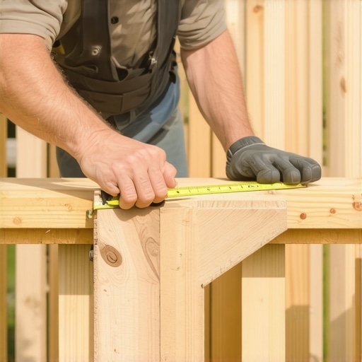Carpenter measuring right angles with tape measure and square on deck frame.