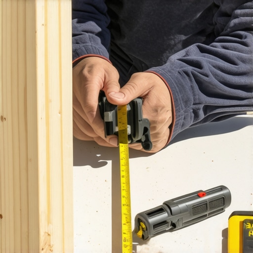Close-up of a carpenter measuring a narrow rim joist for precise post placement with tools