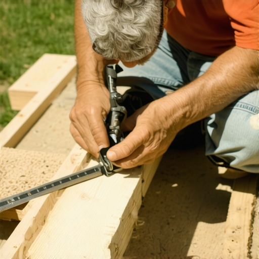 Close-up of a carpenter using a square and saw to cut wood at precise 45-degree angles for pergola braces.