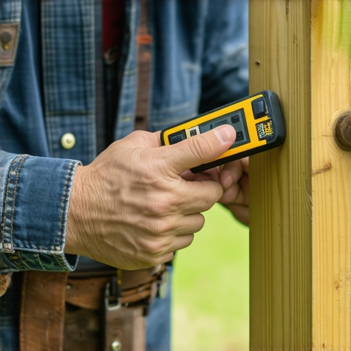 Homeowner measuring wood moisture content on a deck post with a digital device