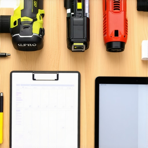 Outdoor Maintenance Tools and Tech Setup A neatly organized outdoor workshop featuring a cordless impact driver, eco-friendly cleaning supplies, and a digital planning device for deck maintenance