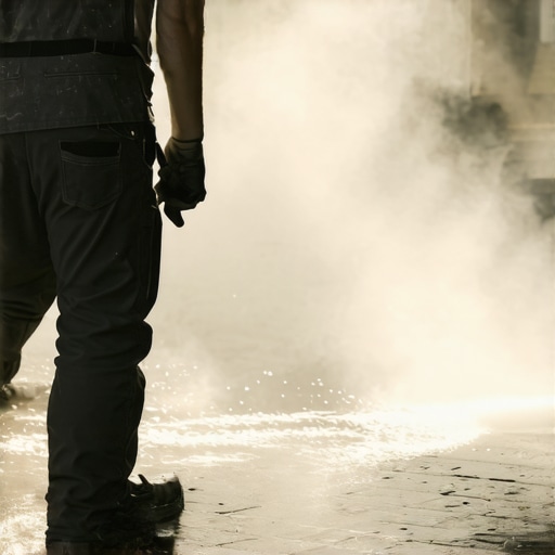 Person cleaning composite decking with a power washer to maintain its appearance and durability.