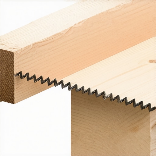 A saw cutting wooden beams at a 5-degree tilt for pergola installation.