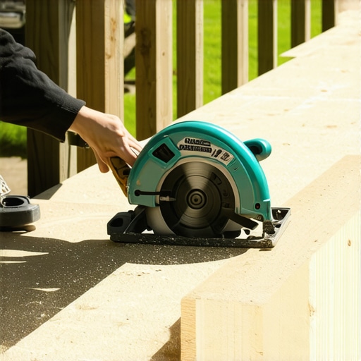 Person carefully cutting a deck stair stringer using a custom template and circular saw.