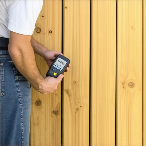 Homeowner measuring moisture levels on a wooden deck with a digital moisture meter
