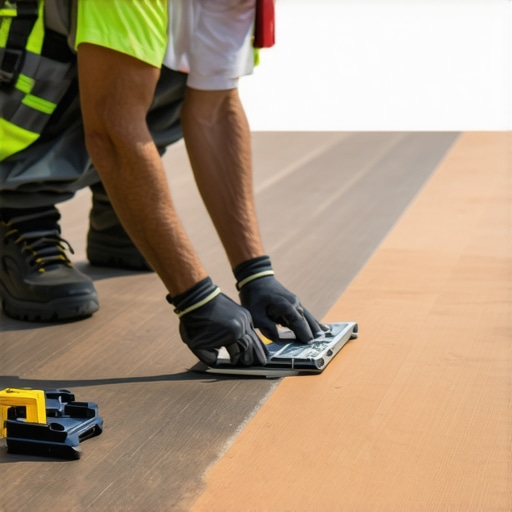 Worker measuring decking boards with a tape measure in a sunny outdoor workspace.