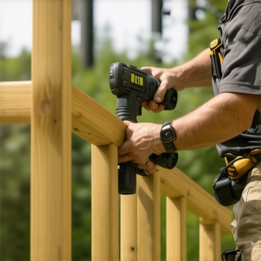 Person tightening a railing post with a cordless drill on a composite deck.