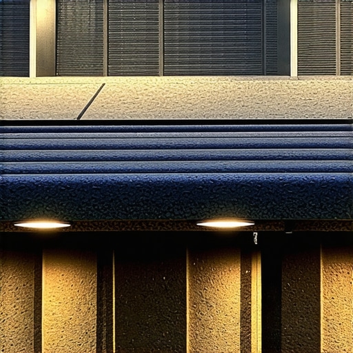 Close-up of outdoor LED step lights installed near stair edges under evening light