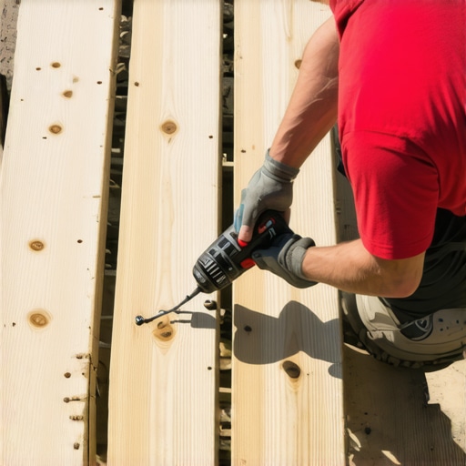 Person tightening composite deck joist with impact driver