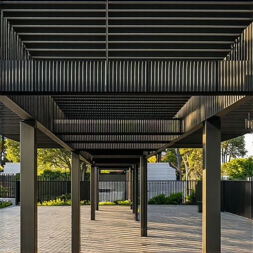 A modern pergola with diagonal bracing, composite decking, and stylish railing system, illustrating advanced design considerations.