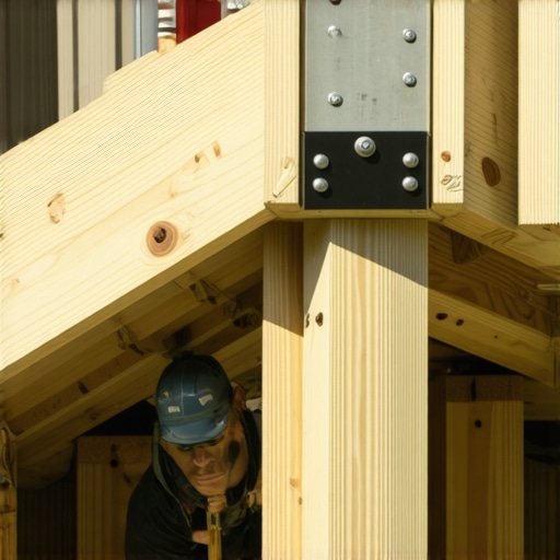 Close-up of support post being attached to concrete footing under deck stairs
