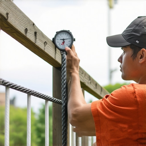 Person adjusting cable railing using a tension gauge and turnbuckle on a modern deck