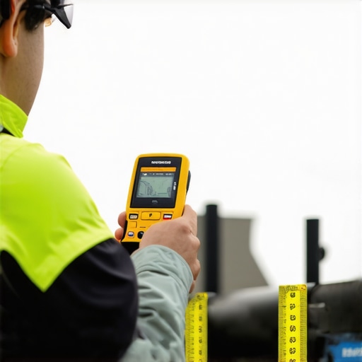 Person measuring support post distance on a deck with laser distance tool