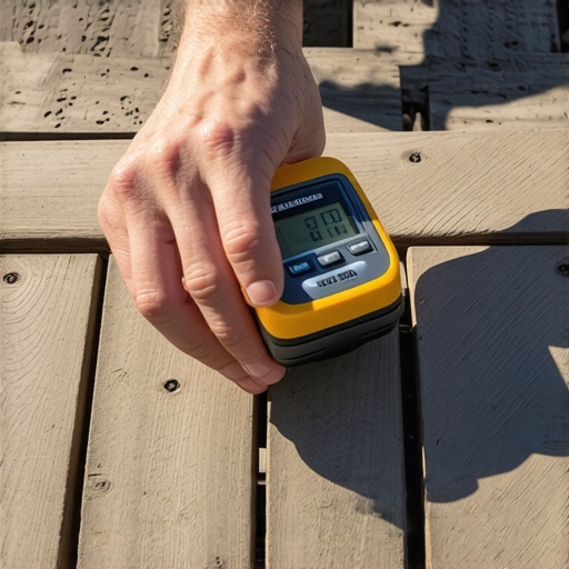 Using a Moisture Meter for Deck Maintenance Homeowner checking moisture levels on deck wood with a digital device in bright sunlight