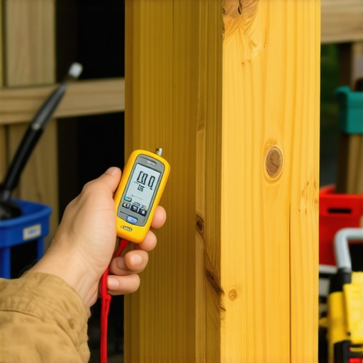 A person testing wood moisture content in a deck post with a digital moisture meter.