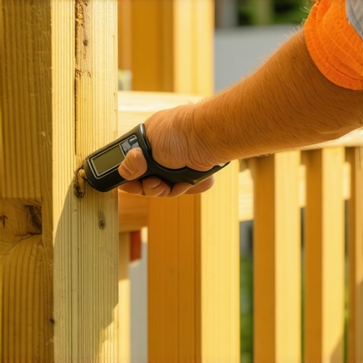 Using a Moisture Meter for Deck Maintenance A person measuring moisture levels on a wooden deck post with a digital device in bright sunlight