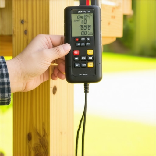 Person testing moisture in pergola post with digital meter in backyard
