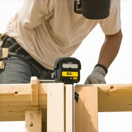Carpenter measuring and marking a pergola header with a T-square and tape measure.