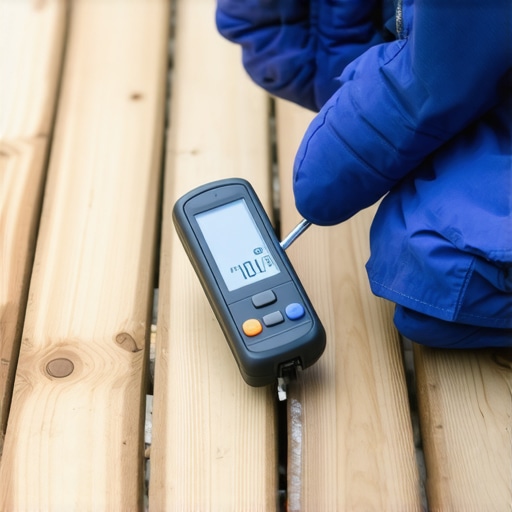 Using a moisture meter for deck maintenance Person checking moisture levels in wooden deck with a digital meter