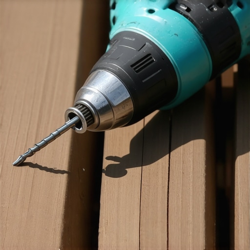 A cordless drill with magnetic screwdriver bit driving deck screws into composite decking.