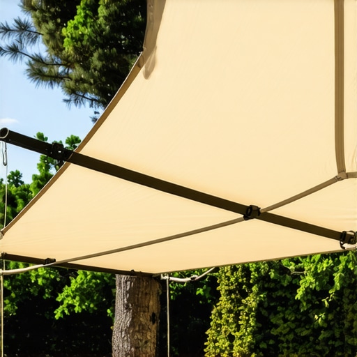 A sturdy pergola canopy secured with tension straps and anchors, designed to withstand strong winds.