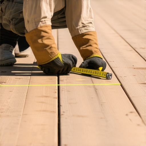Carpenter measuring and marking a deck layout with a tape measure and chalk line