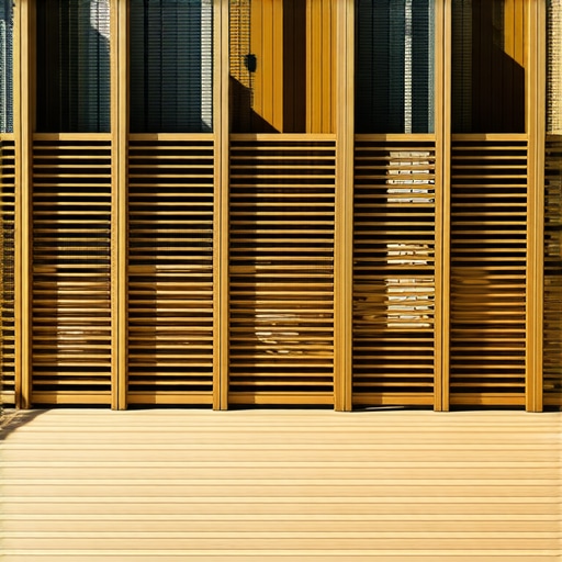 Close-up of a wooden outdoor privacy screen with evenly spaced horizontal slats on a deck scene