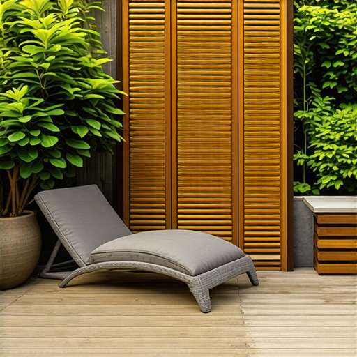 Airy Privacy Screen Design An outdoor patio with a wooden privacy screen featuring slatted design allowing airflow, surrounded by lush garden.