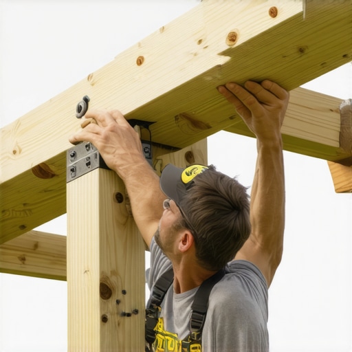 A person adjusting a pergola beam using a bubble level and wooden shims for precise leveling.