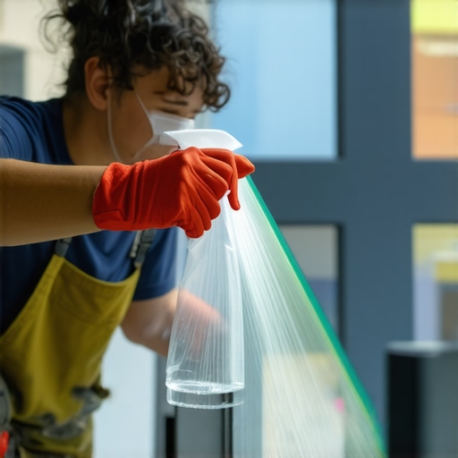 Person carefully applying nano-coating to glass railing for protection