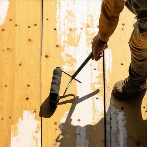 Person sealing a wooden deck with a roller in sunlight